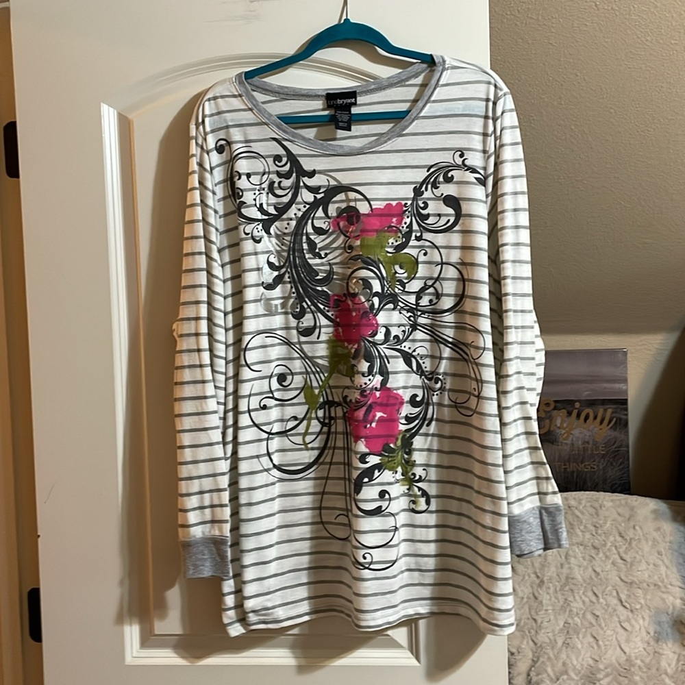 Lane Bryant Gray Striped Long Sleeve Tee with Pink Floral Design